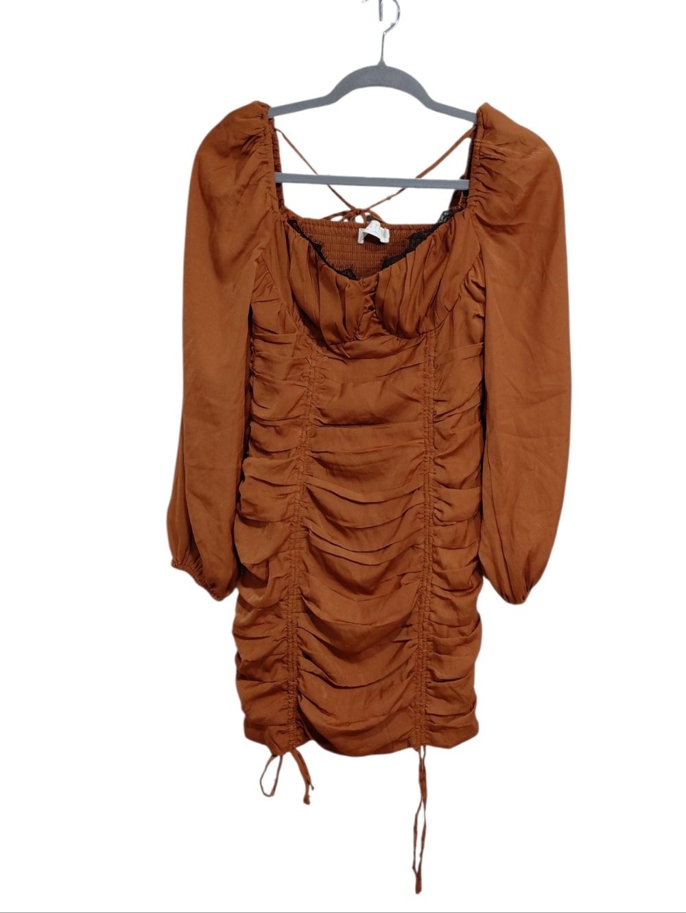 Astr Rust Brown Ruched Long-Sleeve Mini Dress